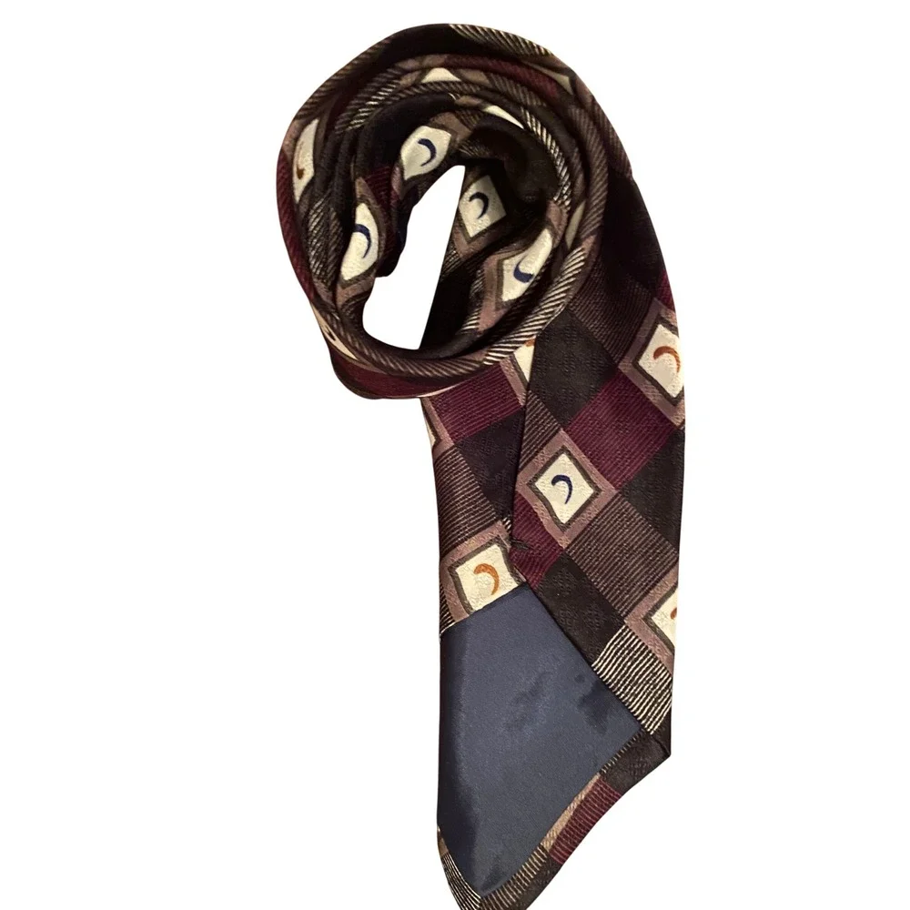 Daniel Ford Mens Geometric Patchwork Necktie Burgundy Black Grey Handmade‎ Tie